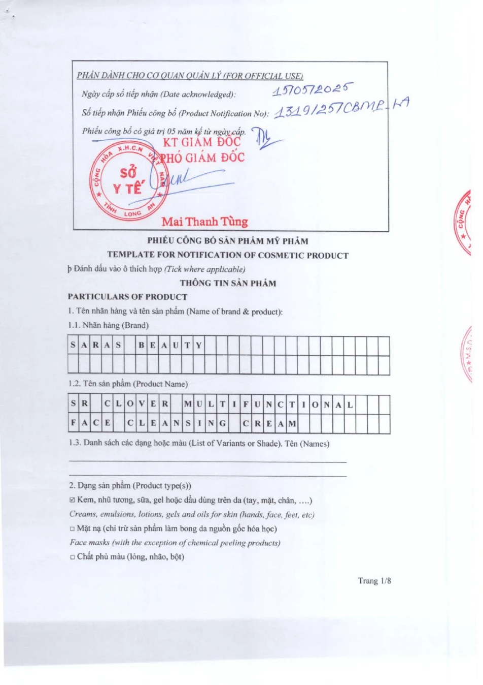 Trang đầu phiếu công bố SR Clover, số 1319/25/CBMP-LA, có dấu tiếp nhận Sở Y tế Long An